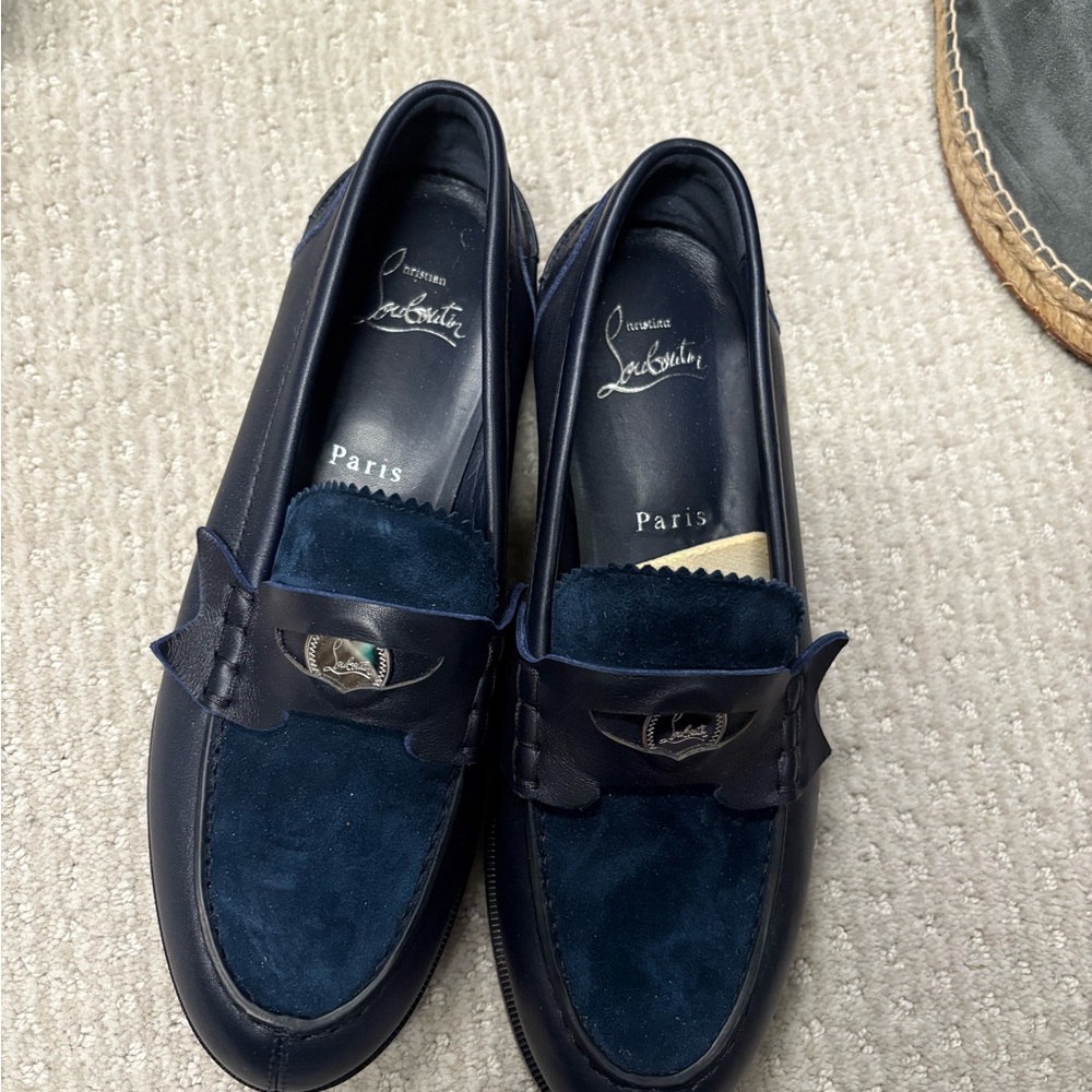 Christian Louboutin Penny Donna Leather Suede Blue Loafers